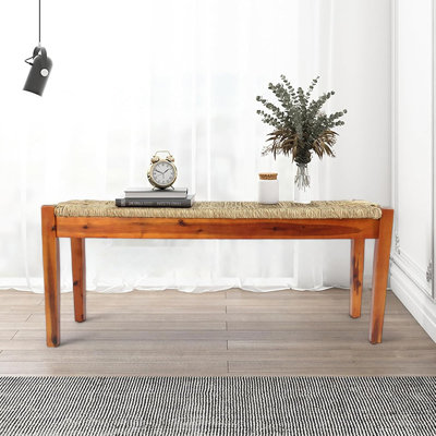 Acacia Solid Wood Bench With Woven Seagrass Seat, Entryway Bench, Wicker Benches Indoor For Hallway, End Of Bed, Kitchen, Rustic Farmhouse Boho Style (brown Leg - Seagrass Seat)