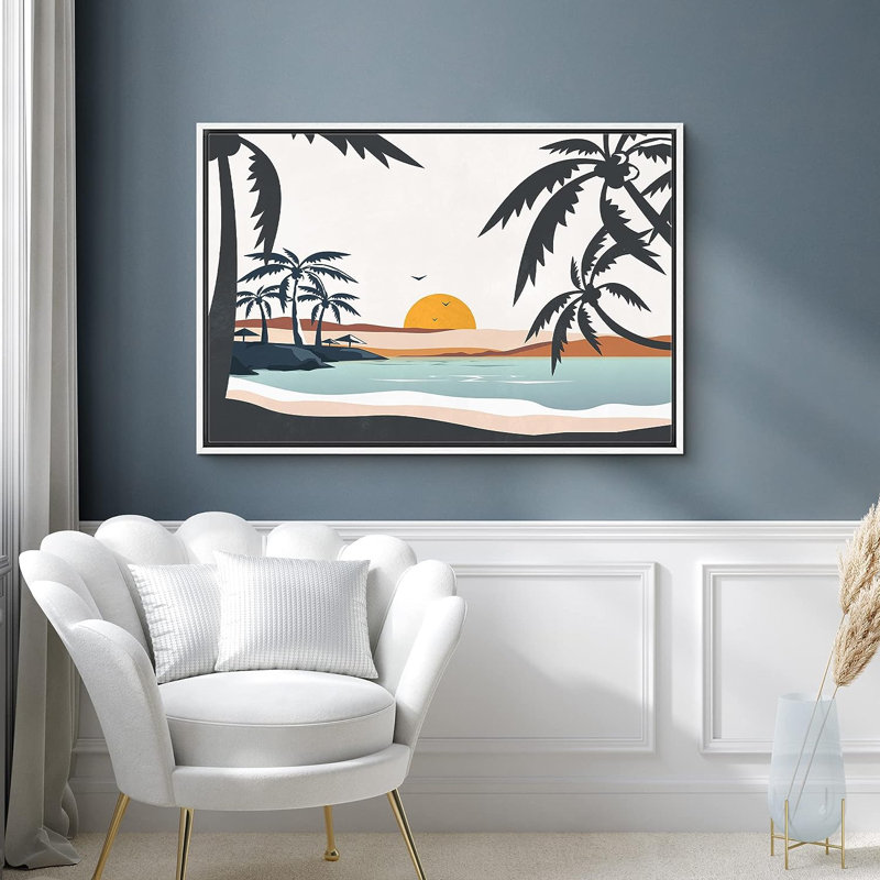 «Coastal Beach Tropical Palm Tree Ocean Beachy Sunset Coastal Decor», reproduction d'art sur toile encadrée, Blanc