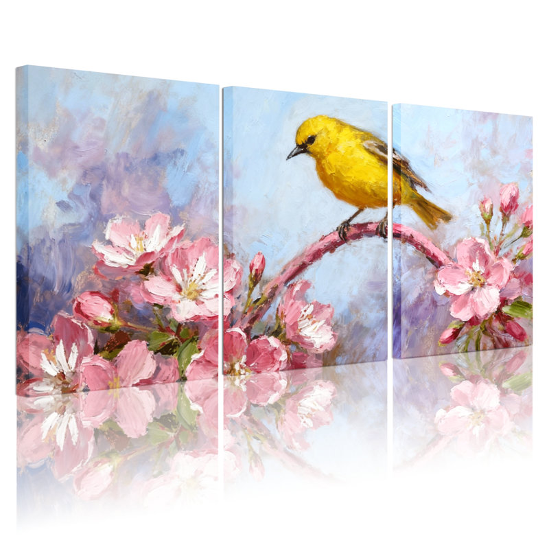 Oiseaux oiseaux jaunes sur une branche de fleurs roses, ensemble de 3 impressions sur toile, H 30 po x l 60 po