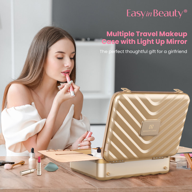 Portable Makeup Organizer Makeup Tool Case With Led Mirror Pink, Gold