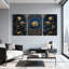 Plantes et fleurs lotus doré sur arche gothique bleue, ensemble de 3 impressions sur toile-6142349