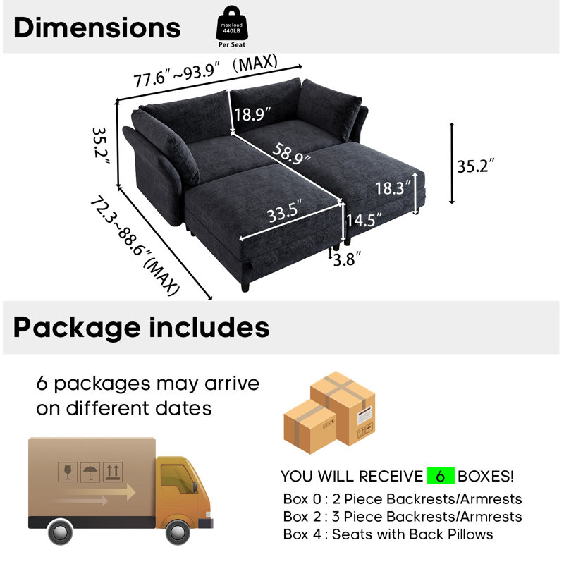 Chenille Sectional Sofa Bed, Black