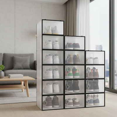 15‑Pack Black Stackable Clear Plastic Shoe Storage Boxes, Collapsible Space‑Saving Shoe Organizer with Dust‑Proof Lids, Multipurpose Sneaker Container