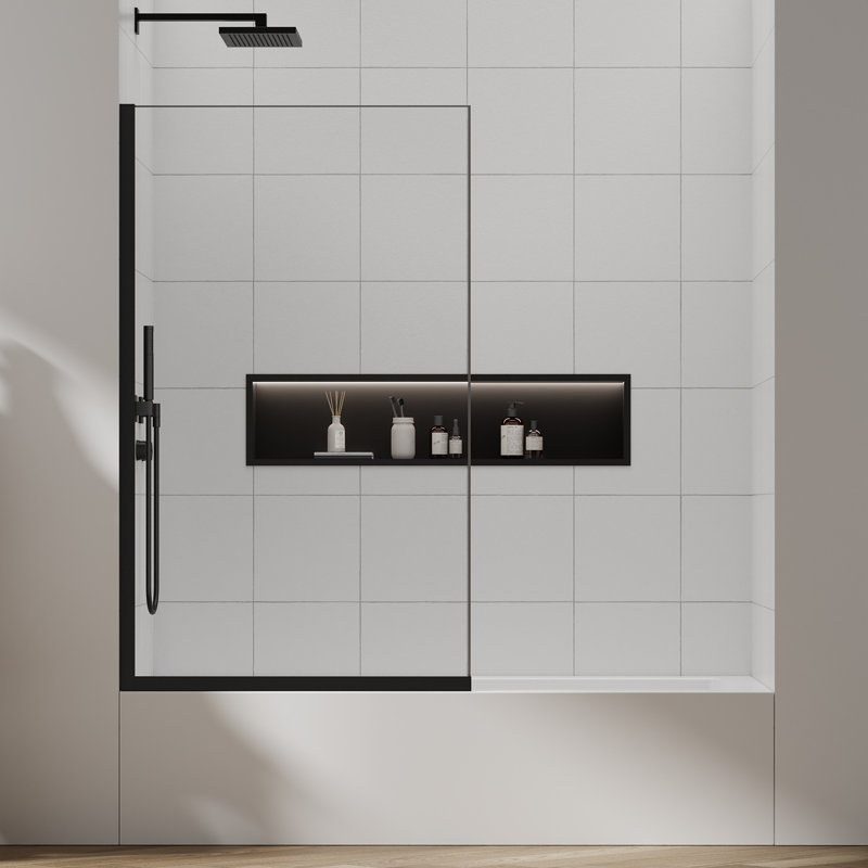 Shower Bathtub Panel Screen Single Fixed Panel, 3/8 Inch Tempered Glass, Easy Clean Glass Tub Screen (35"W X 60"H, Matte Black)