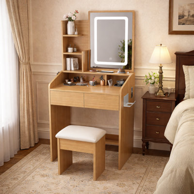 Coiffeuse 23,8 "avec miroir à DEL, prise de courant encastrée pour petite chambre et appartements