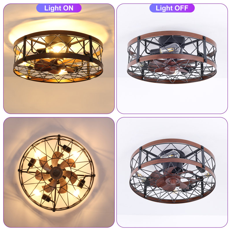 20 in Caged Flush Mount Ceiling Fan with Light, Remote and Bluetooth App Control, Walnut, 20 in