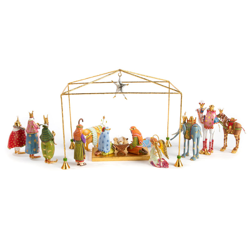 Colorful Miniature Nativity Set with Gold Accents, 13 Pieces