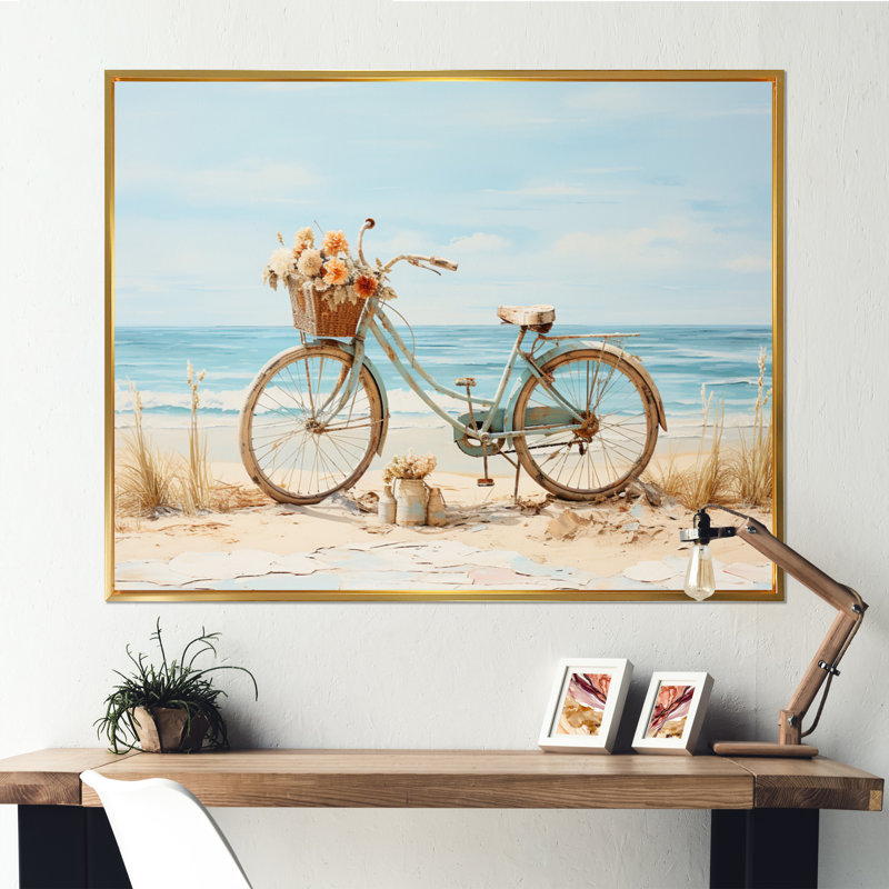 «Bicycle Tranquil Pedaling By The Beach V», reproduction sur toile, H 12 po x l 20 po x P 1 po, Cadre flottant doré