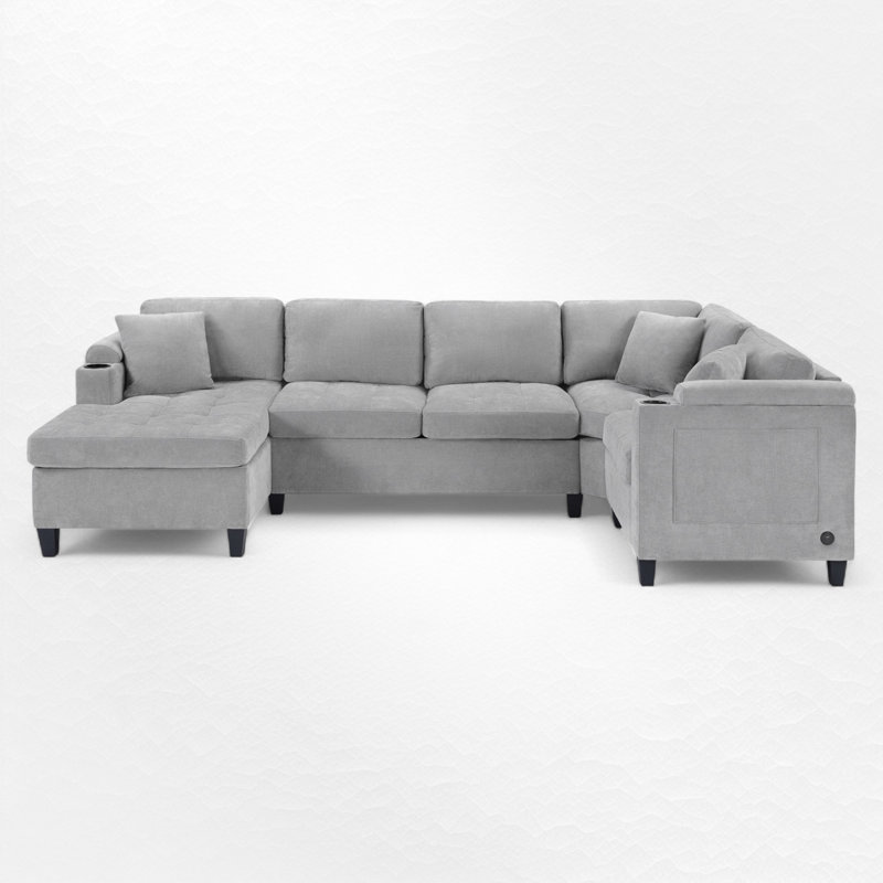 Canapé modulaire en U avec rangement et ports USB, Chenille gris pâle