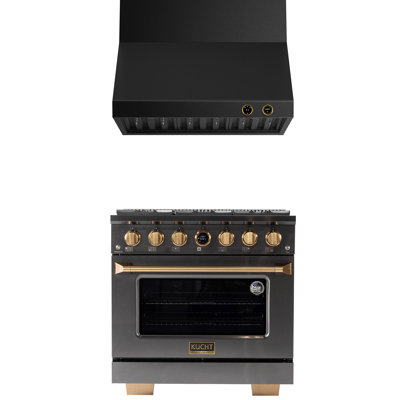 36 In. 5.2 Cu. Ft. 6 Burners Dual Fuel Range For Natural Gas In Titanium Stainless Steel + Wall Mount Range Hood