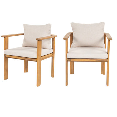 Kaja Outdoor Solid Acacia Wood Dining Armchairs Teak Finish Frame with Water Repellent Thick Beige Polyester Cushion Secure Fastener Design Set of 2