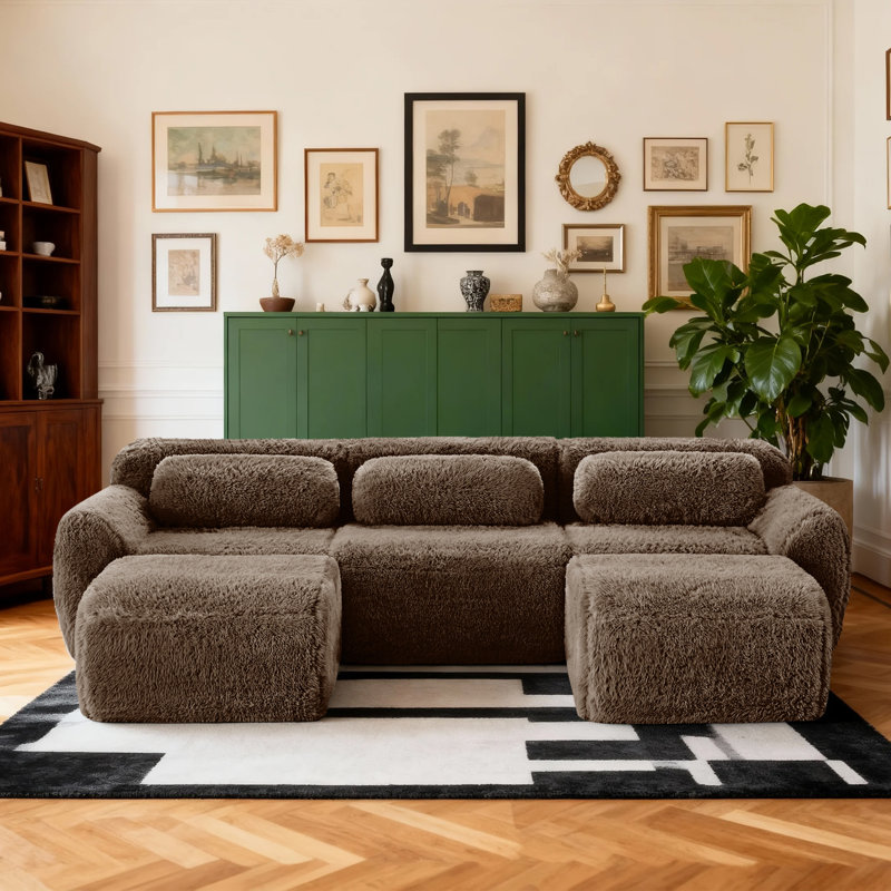 Canapé modulaire en U en forme de U avec deux repose-pieds et coussins de taille, Fausse fourrure chocolat