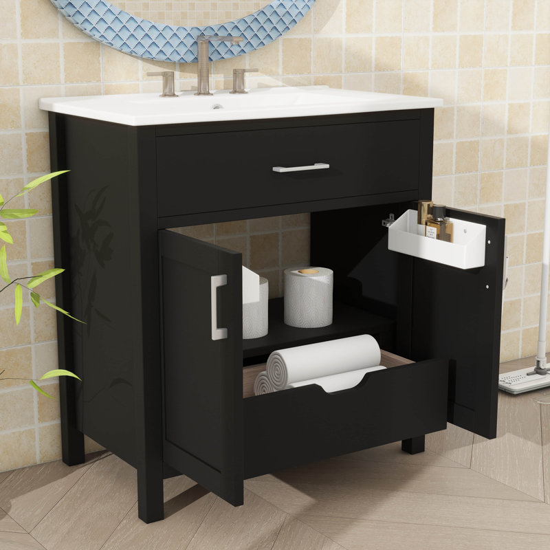 Meuble-lavabo 30 po avec lavabo en céramique, 1 tablette, 1 tiroir, porte de rangement pour petite salle de bain, Noir