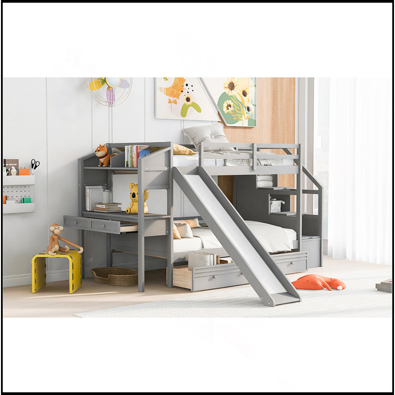 Lit superposé simple au-dessus de simple avec escalier de rangement, glissière et tiroirs, bureau avec tiroirs et tablettes
