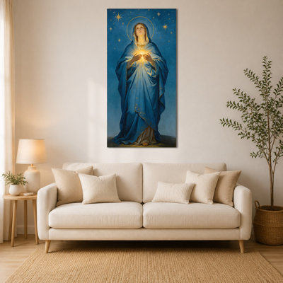 Large Vertical Blessed Mother Mary Canvas Wall Art - Vibrant Religious Picture Artwork, Catholic Faith-Inspired for Living Room, Prayer Room Wall Decoration, Wrapped Canvas with Pine Frame, 28×58 Inches