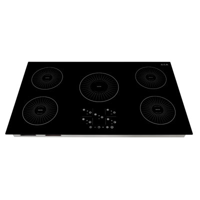 Plaque de cuisson à induction encastrée de 91 cm (36 po) avec 5 brûleurs, 220 V, 9 200 W, chauffage continu à faible puissance, 9 niveaux de puissance réglables, commandes tactiles à DEL, surface en vitrocéramique, sécurité enfant.