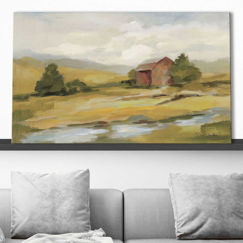 «Springtime Farm Neutral» par Silvia Vassileva - Peinture, Toile tendue, H 36 po x l 60 po x P 1,5 po