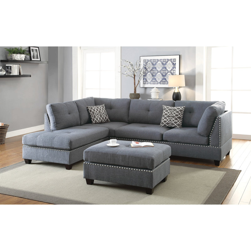 3 pièces Canapé modulaire avec coussins réversibles, Orienté à droite, Gris bleu clair