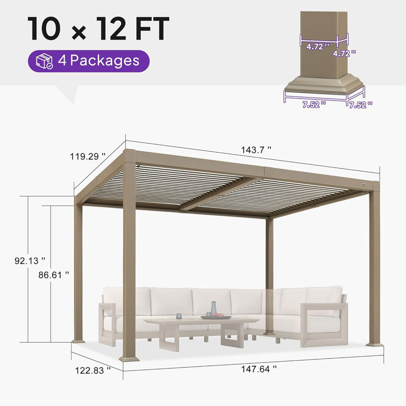 PURPLE LEAF 10x12 ft Louvered Pergola with LED Strip Lights, Aluminum Outdoor Pergola with Independent
