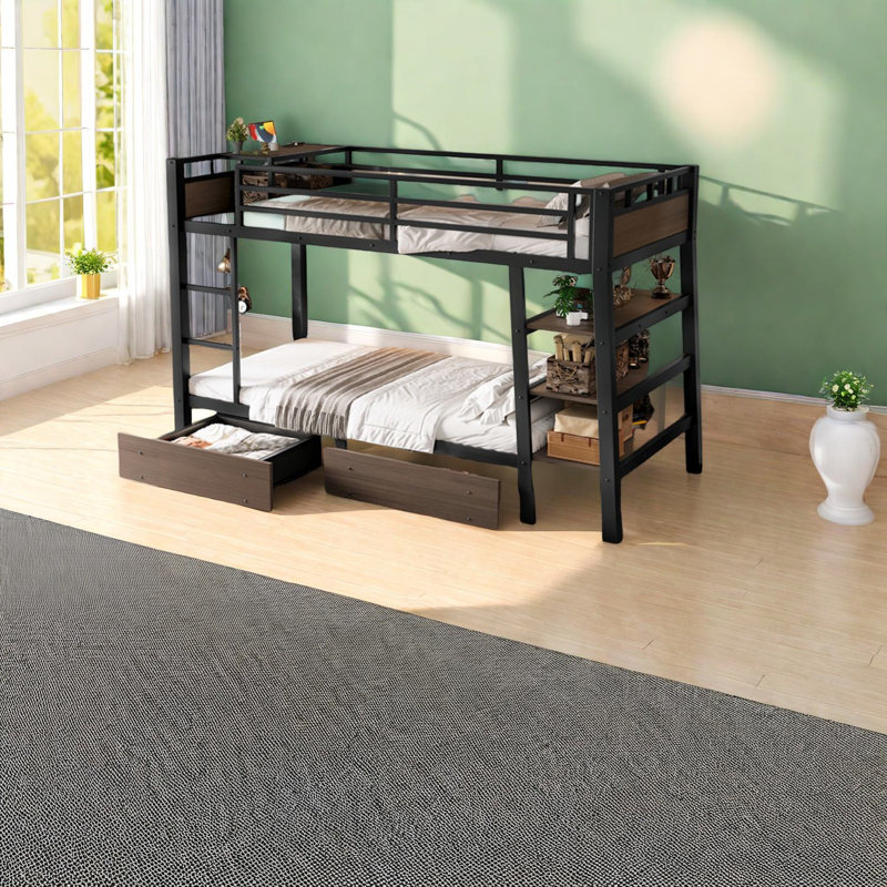 Lit superposé simple en métal de style moderne avec rangement et USB, peu encombrant, noir