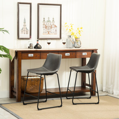 2 tabourets de comptoir en cuir rétro vintage en cuir fait à la main avec sièges moulés en plastique, bravoure en fer noir, l 18,5 po x P 21,5 po