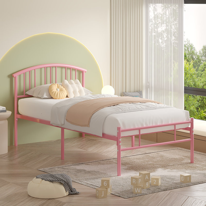 Abere Pink Twin Metal Bed Frame (Set of 2), Sturdy Platform with Headboard, Underbed Storage, Easy Assembly, Pink