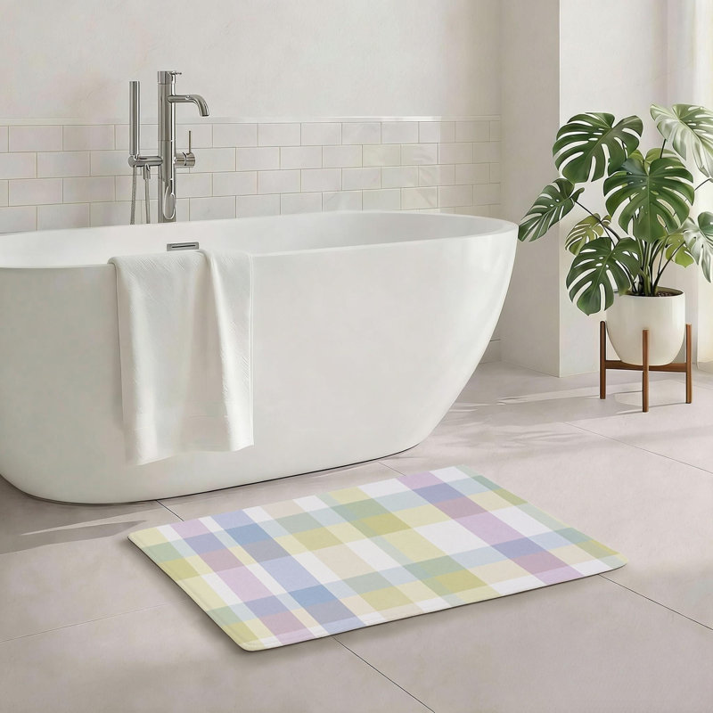 Tapis de salle de bain pastel à carreaux, 20 po x 32 po, Bleu / vert / tissu écossais mauve