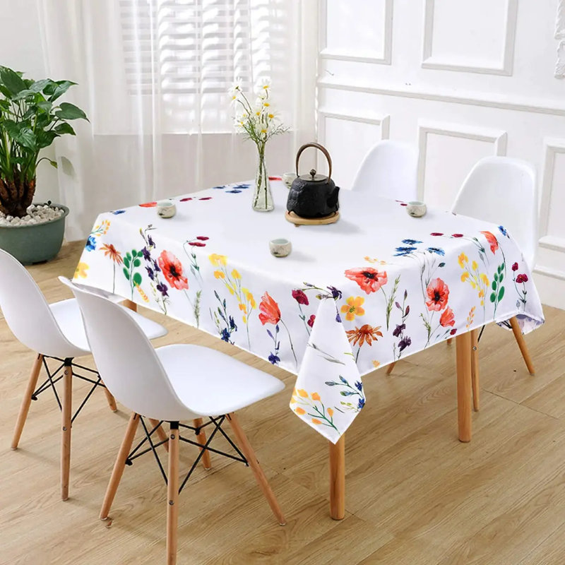 Spring Floral Tablecloth Summer Table Cloth White Rectangle Table Cover For Easter,Dinning,Kitchen, 60" X 84"