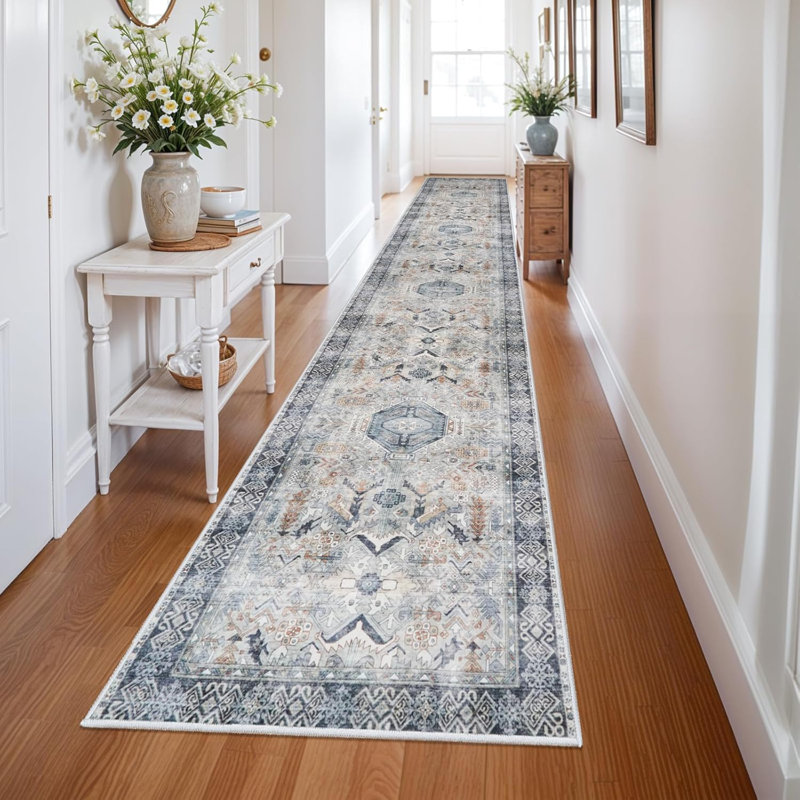 Hallway Rug Washable - Kitchen Rug Distressed Mats Non-Slip Soft Room Floor Carpet for Dining Room (Grey/Blue)