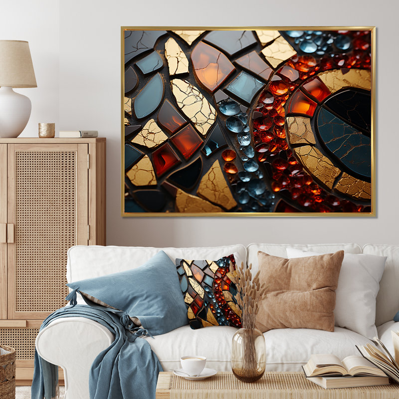 Cubic Mosaic Marble Tiles VI - Décoration murale en marbre, Cadre flottant doré, H 24 po x l 32 po x P 1 po