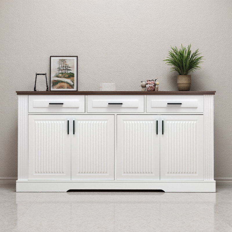 Buffet 63 "cannelé avec bar à café, 4 portes et 3 tiroirs - Buffet de cuisine pour la salle à manger, rangement dans l'entrée