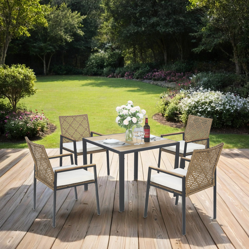 5-Piece Patio Dining Table Sets with Umbrella Hole for garden, backyard and lawn, Beige, Yellow