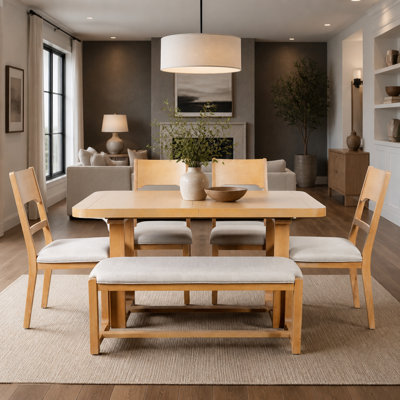 6-Piece Solid Wood Dining Table Set, Extendable Rectangular Dining Room Set with 4 Padded Chairs & Bench, 60"–84" Expandable Tabletop, Natural+Beige C