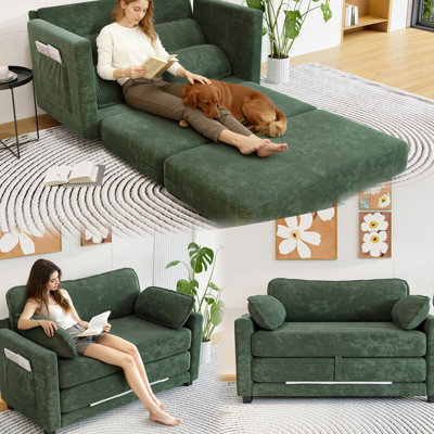 Lit convertible 2 places en velours côtelé avec rangement latéral, mousse à haute résilience, cadre en bois composite massif, facile à nettoyer, s'adapte à différents styles de décoration. Montage facile en 21 étapes pour salon/bureau, conversion instantanée, doux pour la peau.