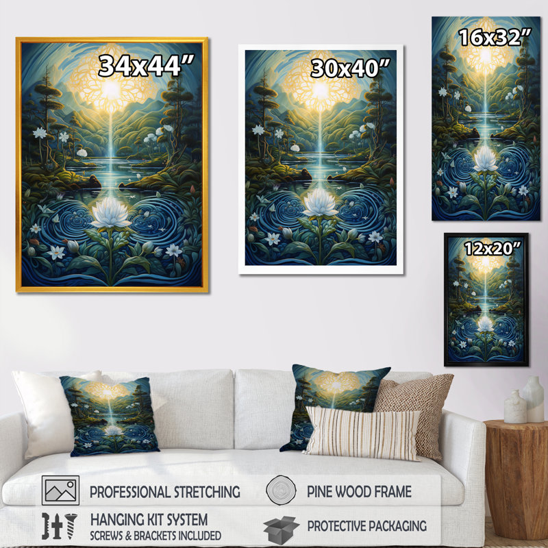 «Flower Awakening Serenity Sunrise» sur toile, Cadre flottant doré, H 32 po x l 24 po x P 1 po