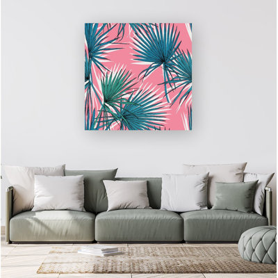 Pink Green Fan Palms 1 Piece Wrapped Canvas Wall Art