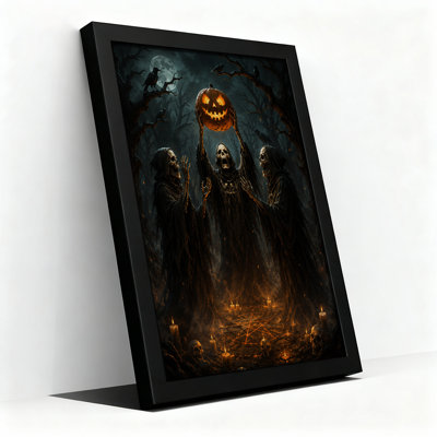 Skeletons Holding Glowing Pumpkin Over Pentagram Halloween Canvas Wall Art