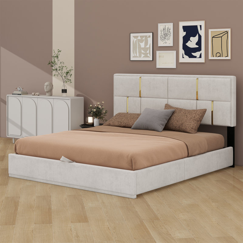 Upholstered Platform Bed With Hydraulic Storage System, Beige