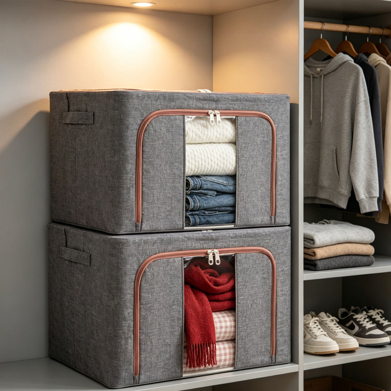 Bacs de rangement avec structure en métal, ensemble de 2 sacs de rangement pour vêtements empilables et pliables, contenants de rangement robustes en tissu Oxford avec grande fenêtre transparente, poignées à fermeture à glissière pour le placard de la chambre à coucher, la literie, le lin