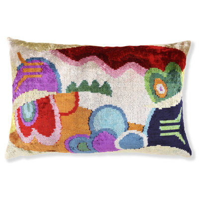 Coussin en velours abstrait 16 x 24 - Ikat multicolore, luxe fabriqué à la main