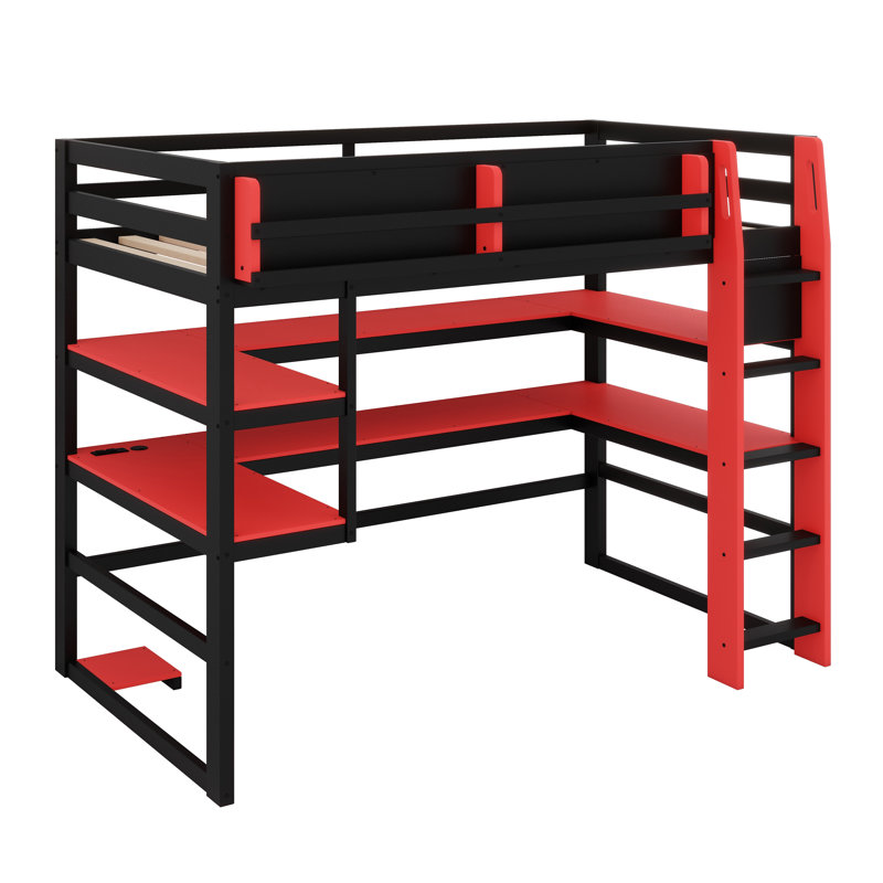 Modern Elevated Bed with Dedicated Workspace, Vertical Side Storage, Comprehensive Bookcase Shelving, and Adjustable RGB Illumination