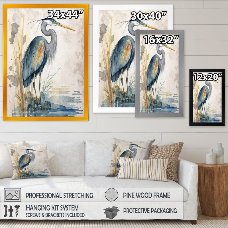 «Whylie Heron By The Waterside Watercolor I», reproduction d'art sur toile, H 40 po x l 30 po, Toile avec cadre photo, Gold