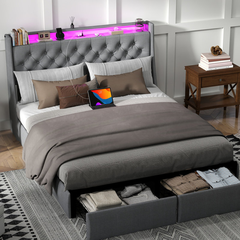 Gray Full Upholstered Bed Frame with LED Headboard and Storage Drawers