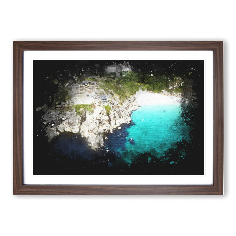 Porthcurno Beach in Cornwall - Picture Frame Graphic Art, 36cm H x 48cm W x 2cm D, Walnut Framed