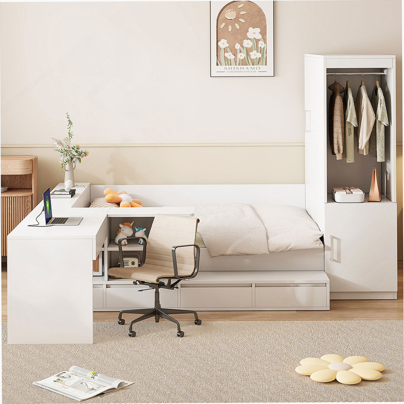 Lit plateforme en bois avec plusieurs solutions de rangement, bureau et garde-robe Zyana, Blanc