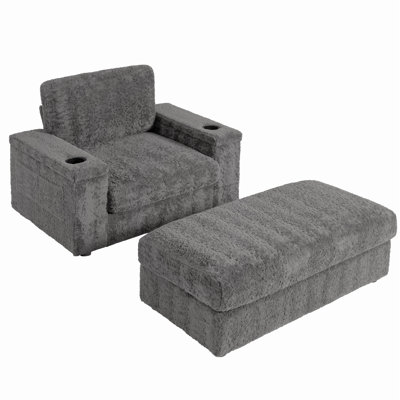 Luxueuse chaise longue en fausse fourrure de lapin avec repose-pieds et porte-gobelet, polyvalente pour le salon et la chambre à coucher