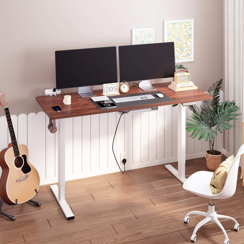 Adjustable Standing Desk, Whole-Piece Desktop, Mahogany/White, 60" W x 24" D