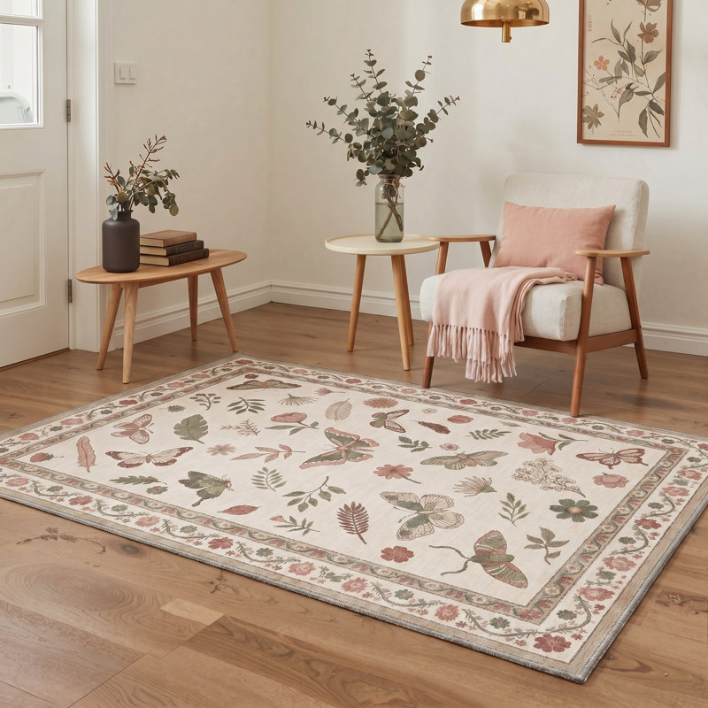Adonis Seraph Floral Machine Washable Beige / Green / Pink Indoor Area Rug with Non-Slip Backing, Rectangle 5' x 7'