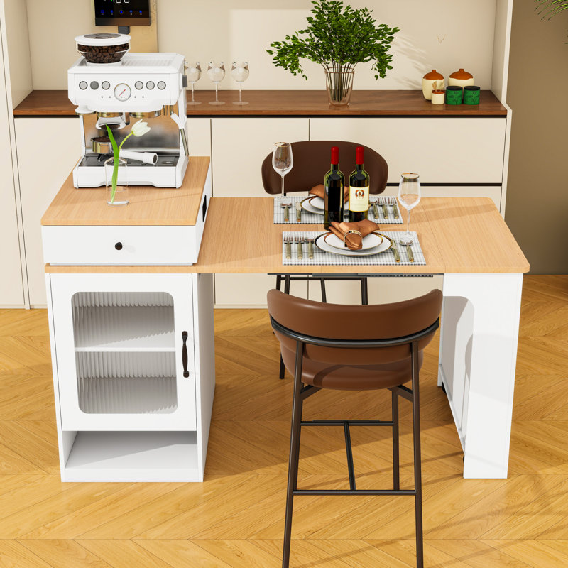 Kitchen Island with Extendable Dining Table, Double-Sided Storage, Power Outlet and Adjustable Shelves, White