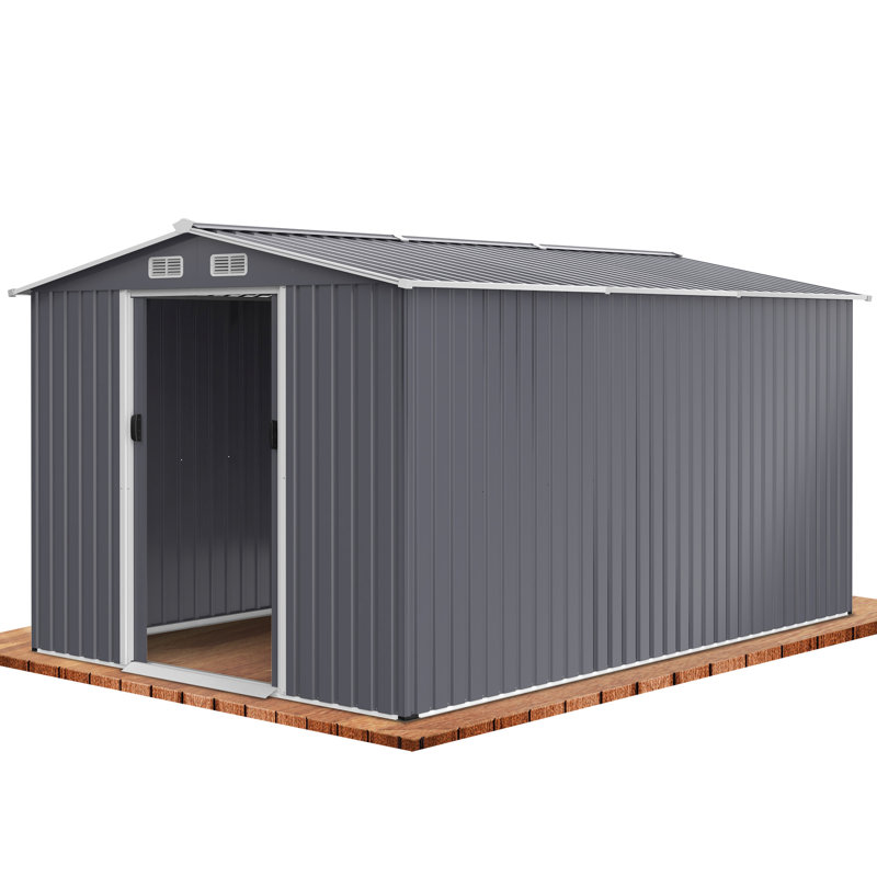 8 X 12 Ft Outdoor Shed - Steel Construction With Protection Sloped Roof To Accumulation Backyard, Lawn Grey Metal Storage Unit Weather & Spacious Sliding Doors Ventilation Store Tools Backyard